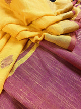 Mustard Yellow & Pink Pure Khaadi saree in pure khaadi handloom with zari borders on pure khaadi — Kaash Collection