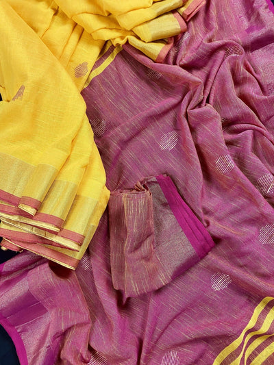 Mustard Yellow & Pink Pure Khaadi saree in pure khaadi handloom with zari borders on pure khaadi — Kaash Collection