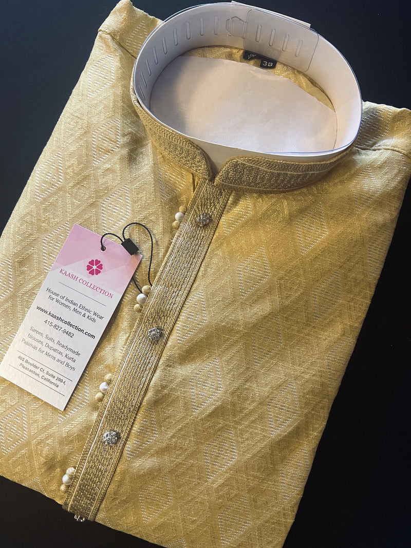 Beige Gold Silk Men Kurta Pajama with Weave Work | Designer Men Kurta Pajama Set | Kurta Pajama Set in USA | Kaash Collection - Kaash