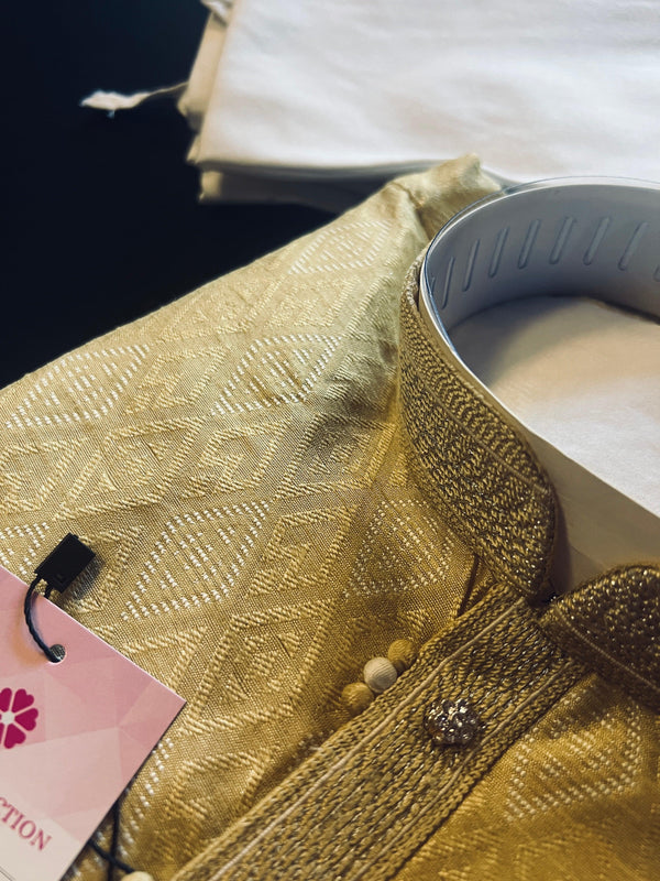 Beige Gold Silk Men Kurta Pajama with Weave Work | Designer Men Kurta Pajama Set | Kurta Pajama Set in USA | Kaash Collection - Kaash