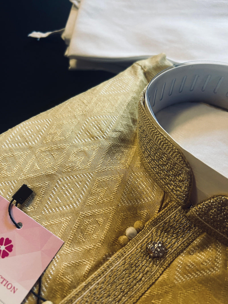 Beige Gold Silk Men Kurta Pajama with Weave Work | Designer Men Kurta Pajama Set | Kurta Pajama Set in USA | Kaash Collection - Kaash