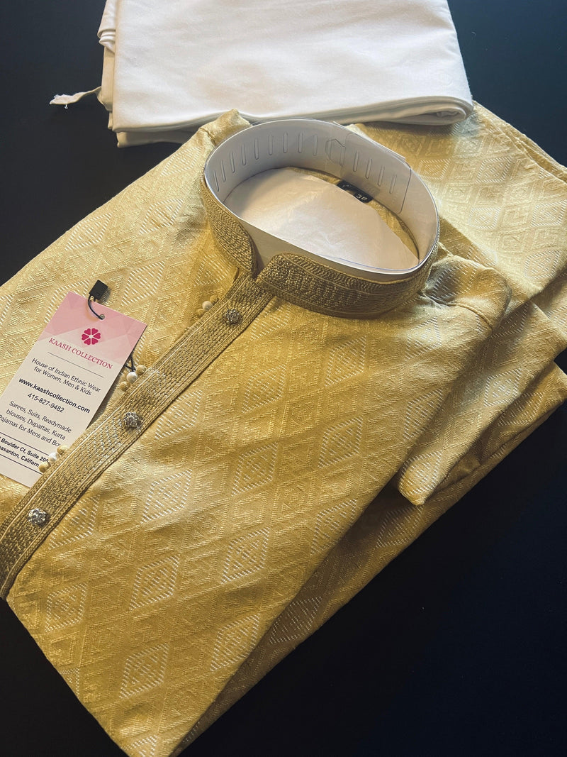 Beige Gold Silk Men Kurta Pajama with Weave Work | Designer Men Kurta Pajama Set | Kurta Pajama Set in USA | Kaash Collection - Kaash
