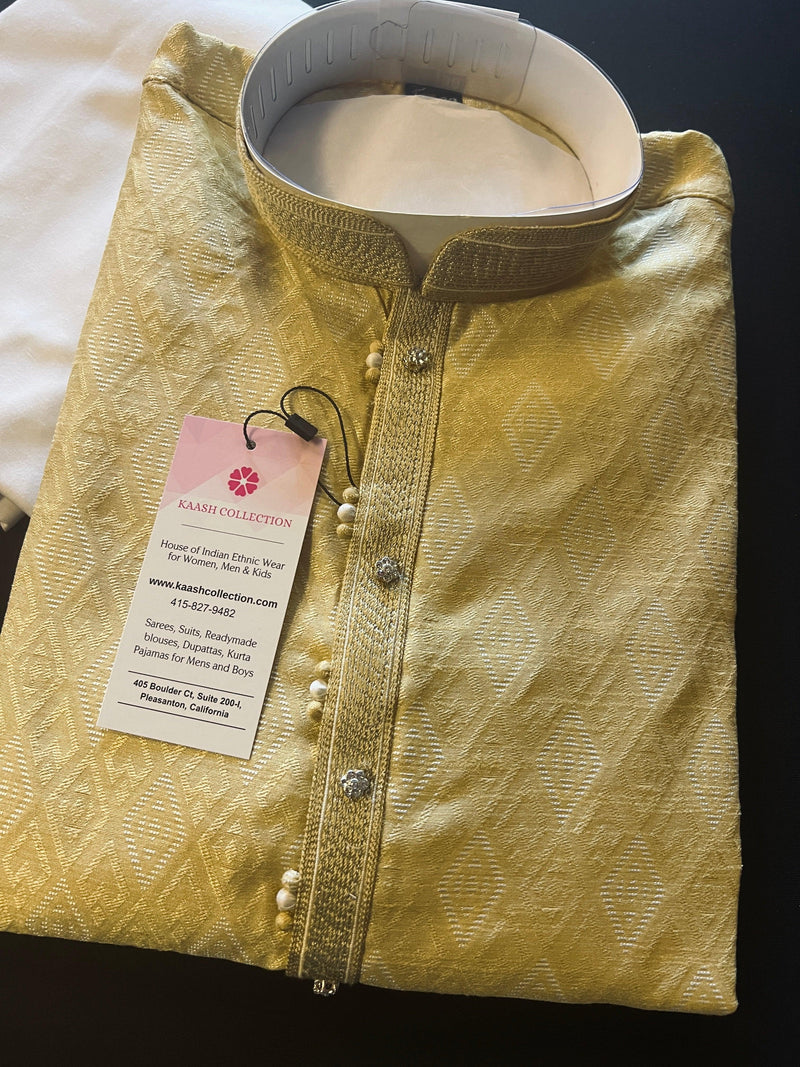 Beige Gold Silk Men Kurta Pajama with Weave Work | Designer Men Kurta Pajama Set | Kurta Pajama Set in USA | Kaash Collection - Kaash