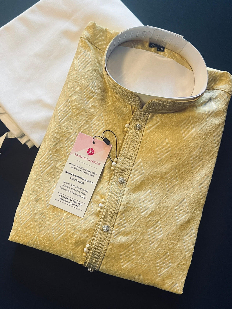 Beige Gold Silk Men Kurta Pajama with Weave Work | Designer Men Kurta Pajama Set | Kurta Pajama Set in USA | Kaash Collection - Kaash
