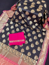 Black and Pink Soft Banarasi Saree with Red Borders with Gold Zari Floral Buttas and Rich Pallu Saree - Kaash