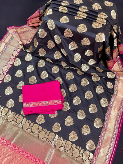 Black and Pink Soft Banarasi Saree with Red Borders with Gold Zari Floral Buttas and Rich Pallu Saree - Kaash
