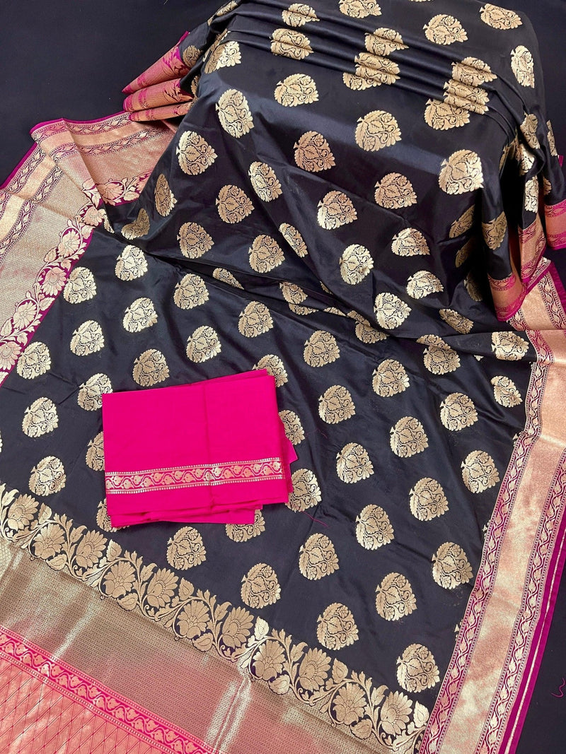 Black and Pink Soft Banarasi Saree with Red Borders with Gold Zari Floral Buttas and Rich Pallu Saree - Kaash