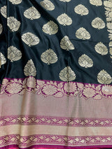 Black and Pink Soft Banarasi Saree with Red Borders with Gold Zari Floral Buttas and Rich Pallu Saree | Banarasi Saree - Kaash