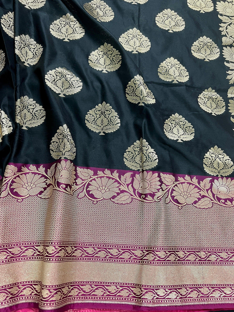 Black and Pink Soft Banarasi Saree with Red Borders with Gold Zari Floral Buttas and Rich Pallu Saree | Banarasi Saree - Kaash