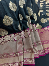 Black and Pink Soft Banarasi Saree with Red Borders with Gold Zari Floral Buttas and Rich Pallu Saree | Banarasi Saree - Kaash