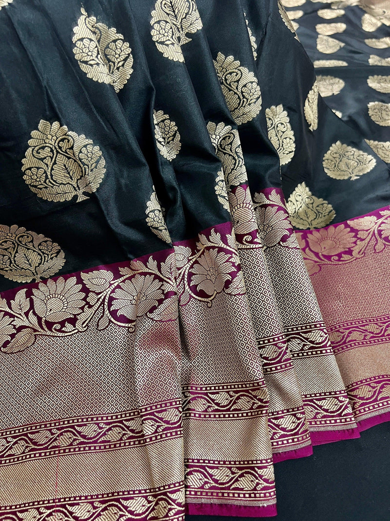 Black and Pink Soft Banarasi Saree with Red Borders with Gold Zari Floral Buttas and Rich Pallu Saree | Banarasi Saree - Kaash