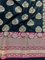 Black and Pink Soft Banarasi Saree with Red Borders with Gold Zari Floral Buttas and Rich Pallu Saree | Banarasi Saree - Kaash