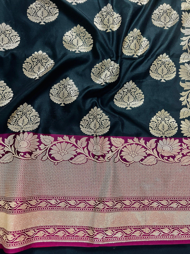 Black and Pink Soft Banarasi Saree with Red Borders with Gold Zari Floral Buttas and Rich Pallu Saree | Banarasi Saree - Kaash