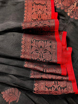 Black Color Handloom Linen Silk Saree with Red Borders and Cooper Zari Weaving - Kaash