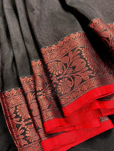 Black Color Handloom Linen Silk Saree with Red Borders and Cooper Zari Weaving - Kaash