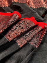 Black Color Handloom Linen Silk Saree with Red Borders and Cooper Zari Weaving - Kaash