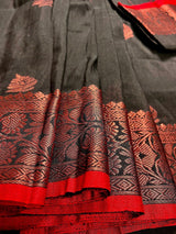 Black Color Handloom Linen Silk Saree with Red Borders and Cooper Zari Weaving - Kaash