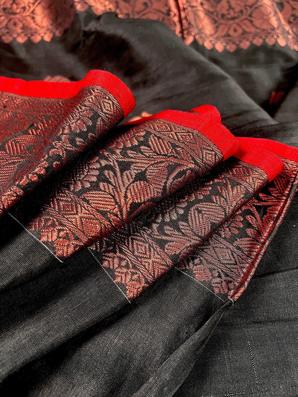 Black Color Handloom Linen Silk Saree with Red Borders and Cooper Zari Weaving | Linen Saree | Handwoven Sarees - Kaash