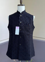 Black men's Nehru/Modi jacket in cotton silk with embroidery & sequin work — Kaash Collection