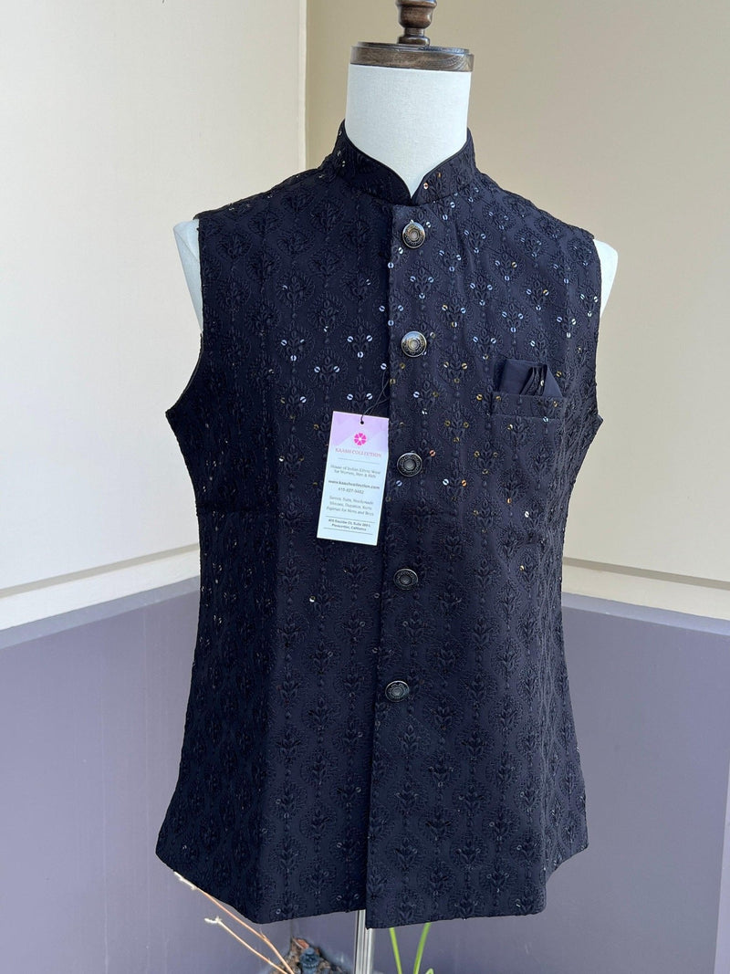 Black men's Nehru/Modi jacket in cotton silk with embroidery & sequin work — Kaash Collection