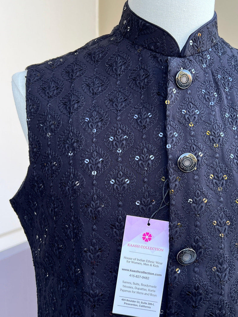 Black Color Modi Jacket For Men | High Quality Premium Soft Cotton Silk Men Jacket for Kurtas with Embroidery Sequin - Kaash