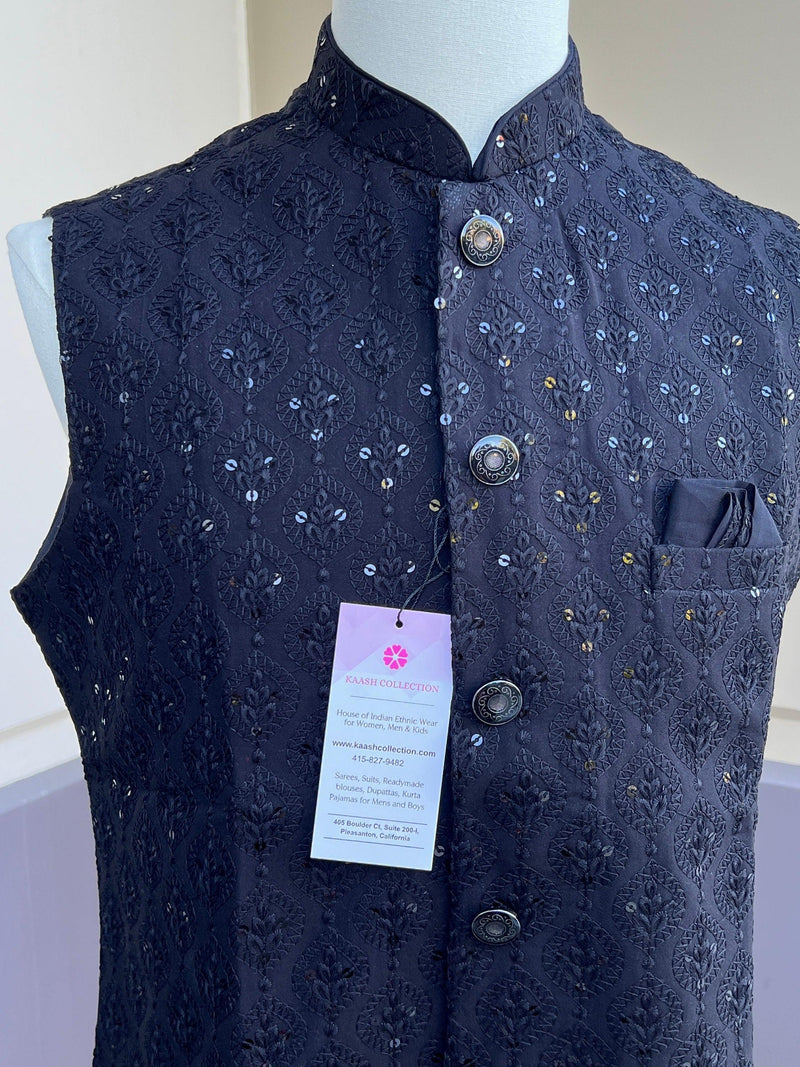 Black Color Modi Jacket For Men | High Quality Premium Soft Cotton Silk Men Jacket for Kurtas with Embroidery Sequin - Kaash