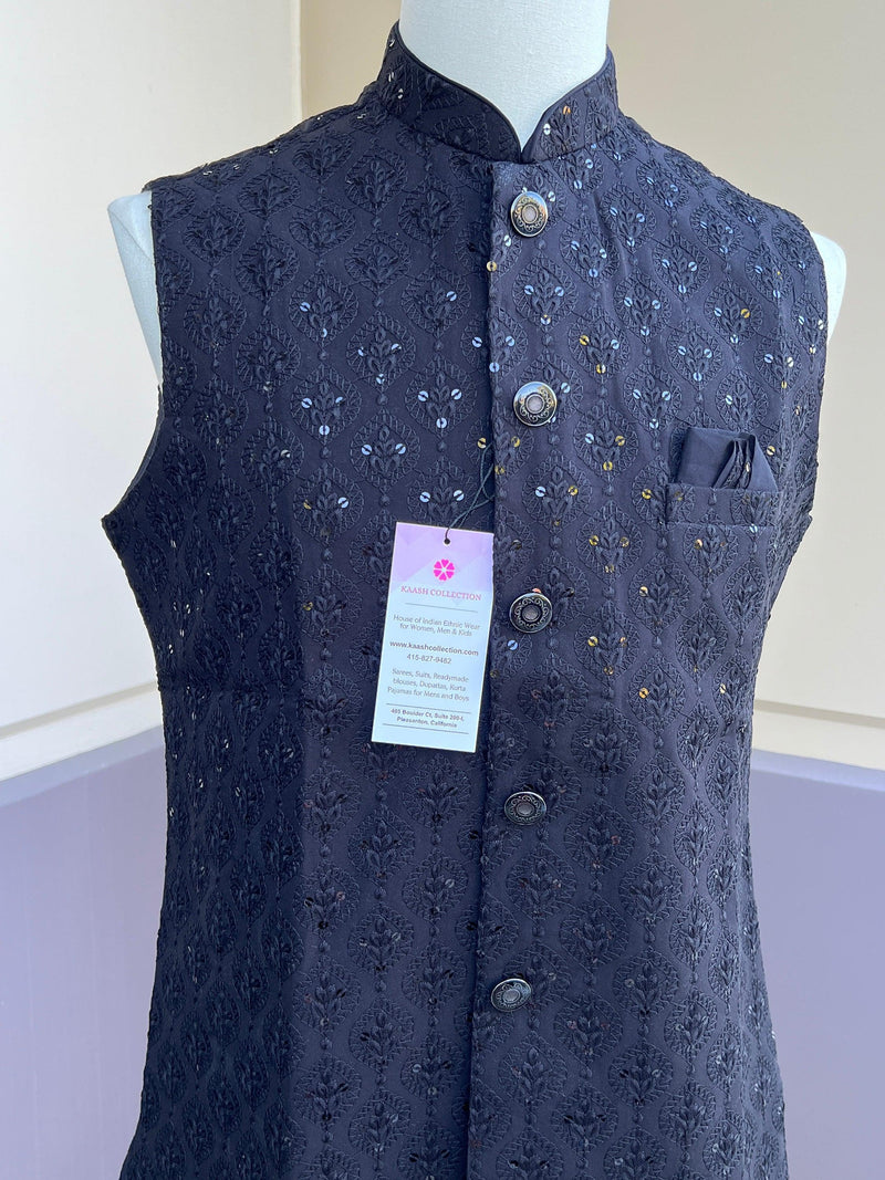 Black Color Modi Jacket For Men | High Quality Premium Soft Cotton Silk Men Jacket for Kurtas with Embroidery Sequin - Kaash