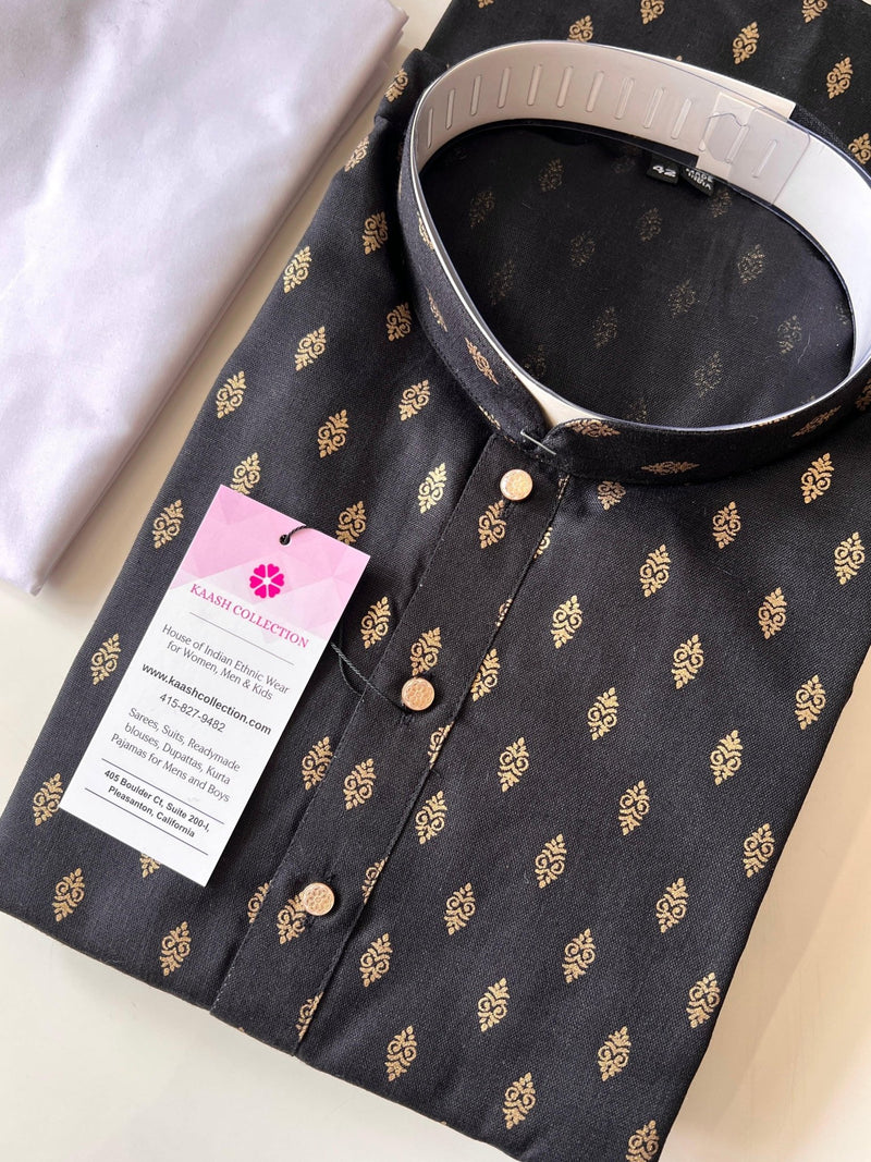 Black men's kurta pajama in pure cotton with small gold buttis on cotton — Kaash Collection