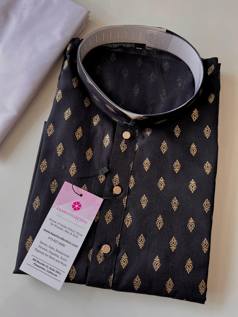 Black Color Premium Pure Cotton Kurta Pajama Set for Men with small Self design Buttis | Cotton Men Kurtas | Ships from California - Kaash
