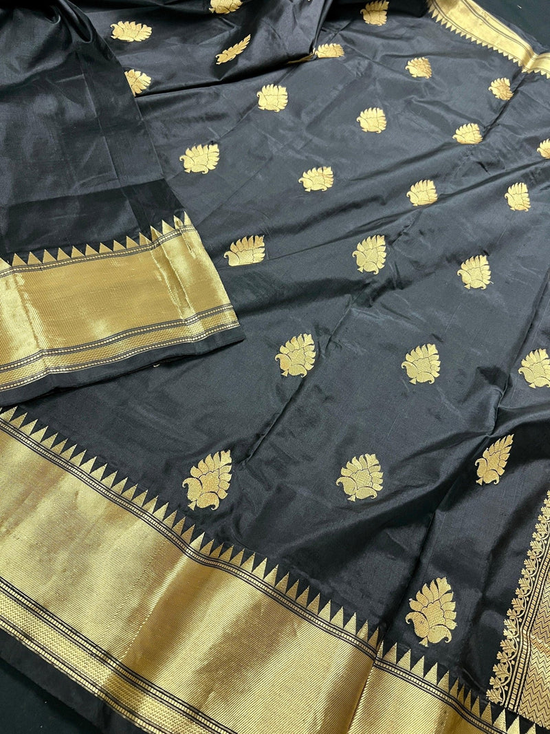 Black Color Saree with Muted Gold Zari Weave - Kaash