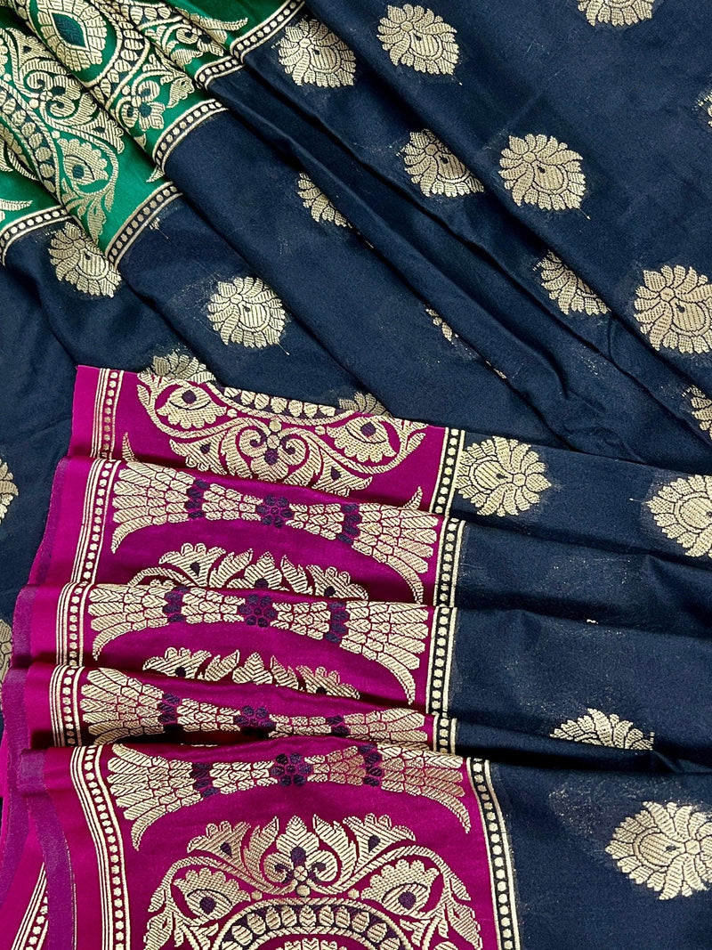 Black Saree with Green and Pink borders and Pallu | Banarasi Soft Silk Saree with Floral Buttas | Soft Silk Handloom Saree | Satin Borders - Kaash