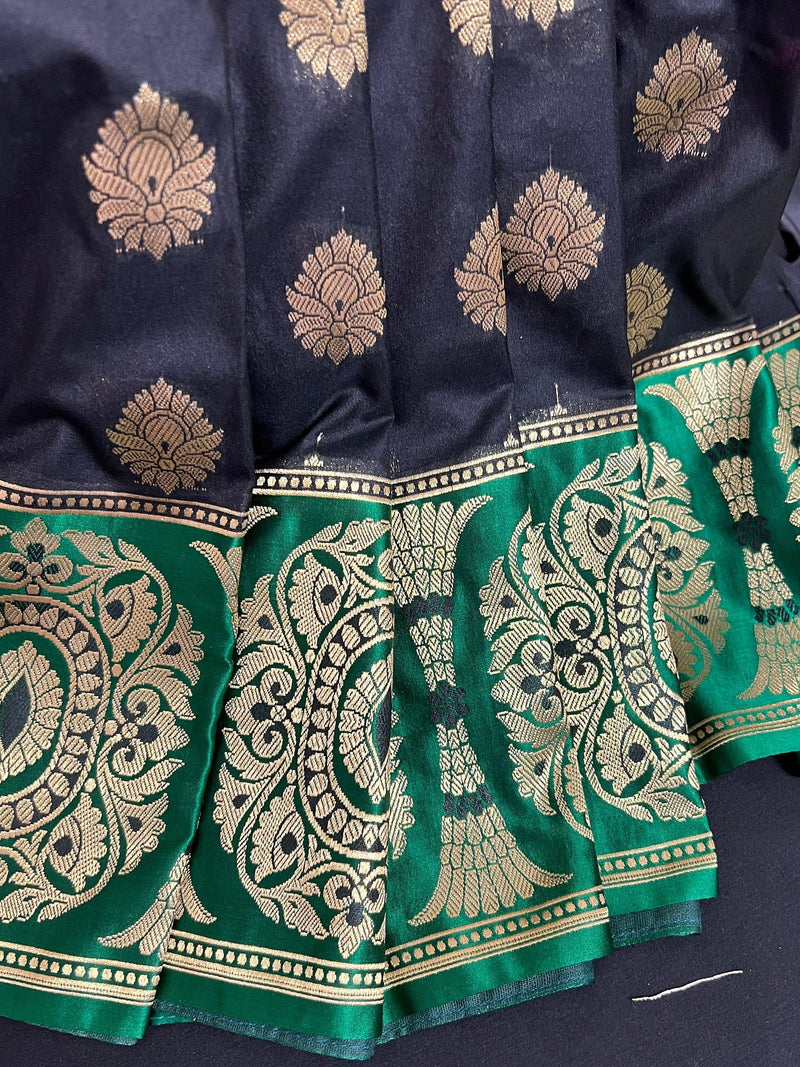 Black Saree with Green and Pink borders and Pallu | Banarasi Soft Silk Saree with Floral Buttas | Soft Silk Handloom Saree | Satin Borders - Kaash
