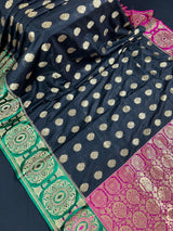 Black Saree with Green and Pink borders and Pallu | Banarasi Soft Silk Saree with Floral Buttas | Soft Silk Handloom Saree | Satin Borders - Kaash