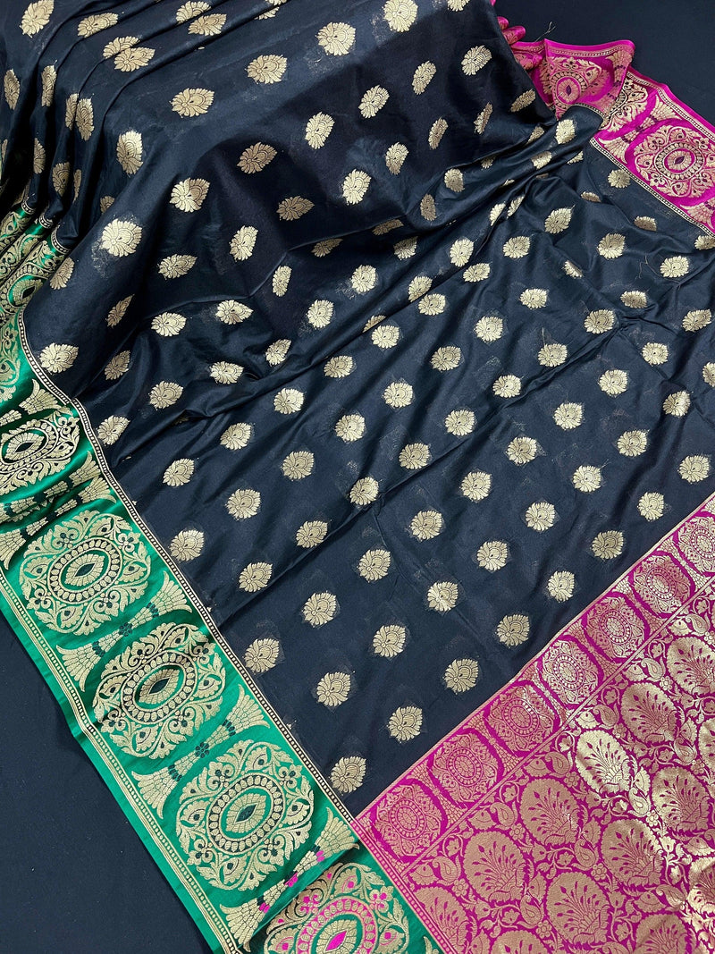 Black Saree with Green and Pink borders and Pallu | Banarasi Soft Silk Saree with Floral Buttas | Soft Silk Handloom Saree | Satin Borders - Kaash