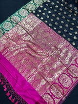Black Saree with Green and Pink borders and Pallu | Banarasi Soft Silk Saree with Floral Buttas | Soft Silk Handloom Saree | Satin Borders - Kaash