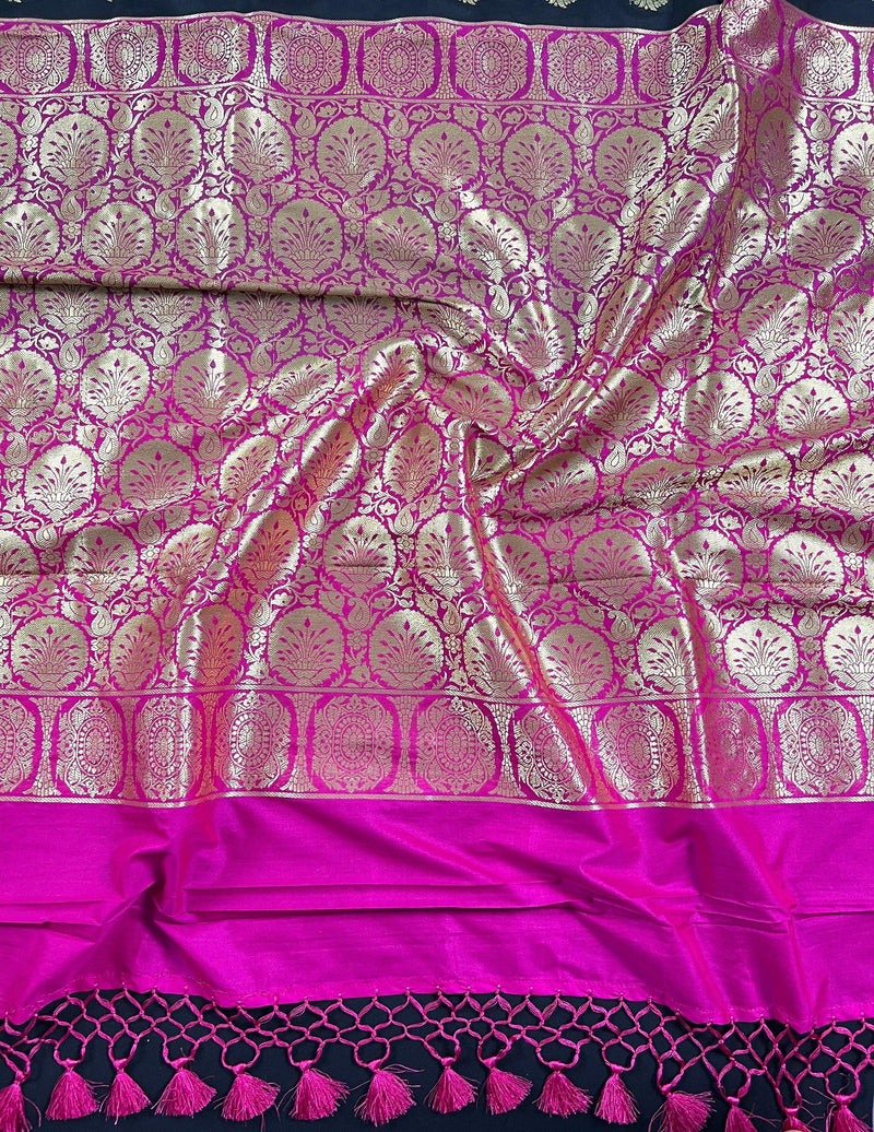 Black Saree with Green and Pink borders and Pallu | Banarasi Soft Silk Saree with Floral Buttas | Soft Silk Handloom Saree | Satin Borders - Kaash