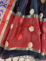 Black with Red, Pink & Purple Banarasi saree in banarasi semi silk with buttis with red, pink & purple borders — Kaash Collection