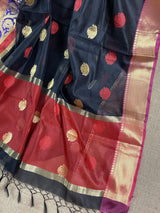 Black with Red, Pink & Purple Banarasi saree in banarasi semi silk with buttis with red, pink & purple borders — Kaash Collection