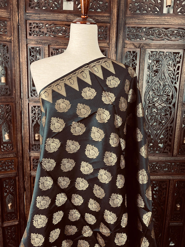 Black Soft Silk Banarasi Designer Dupatta with Muted Gold Zari Weaving - Kaash