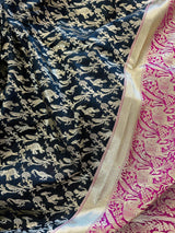 Black with Magenta & Hot Pink Banarasi saree in banarasi silk with shikargah hunting motifs in gold zari — Kaash Collection