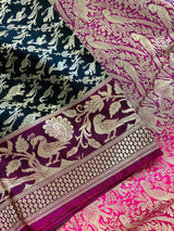 Black with Magenta & Hot Pink Banarasi saree in banarasi silk with shikargah hunting motifs in gold zari — Kaash Collection