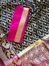 Black with Magenta & Hot Pink Banarasi saree in banarasi silk with shikargah hunting motifs in gold zari — Kaash Collection