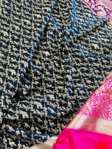 Black with Magenta & Hot Pink Banarasi saree in banarasi silk with shikargah hunting motifs in gold zari — Kaash Collection