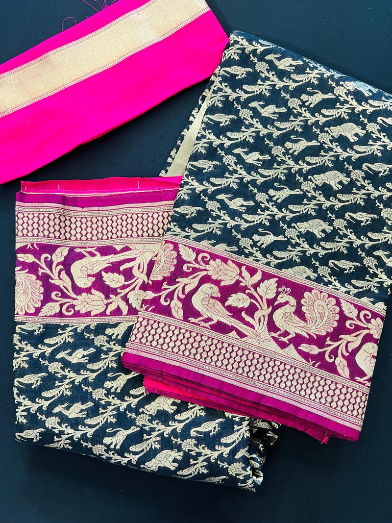 Black with Magenta & Hot Pink Banarasi saree in banarasi silk with shikargah hunting motifs in gold zari — Kaash Collection