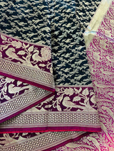 Black with Magenta & Hot Pink Banarasi saree in banarasi silk with shikargah hunting motifs in gold zari — Kaash Collection
