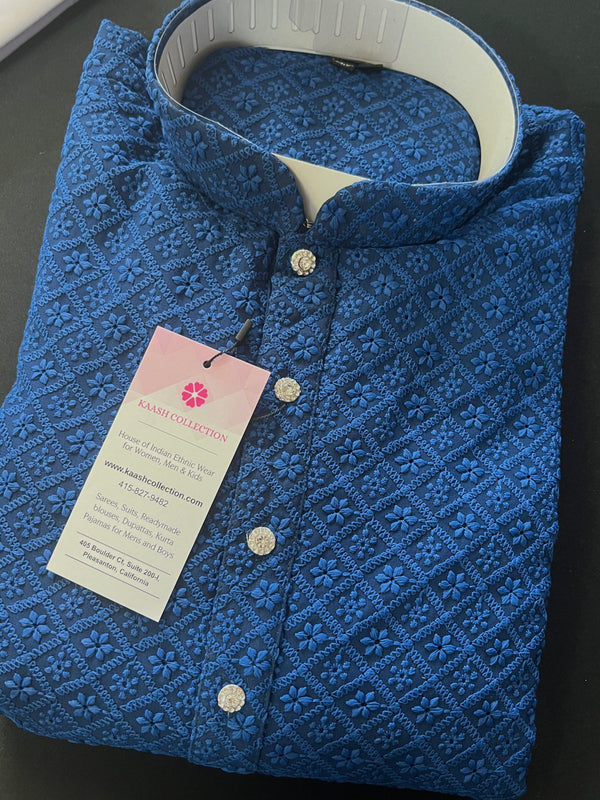 Blue Color Chikankari Lucknowi Georgette Men Kurta Pajama Set with Lining | Chikhenkari Kurtas | Mens Ethnic Wear | Kaash Kurtas - Kaash
