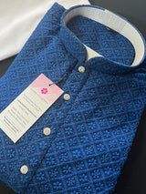 Blue Color Chikankari Lucknowi Georgette Men Kurta Pajama Set with Lining | Chikhenkari Kurtas | Mens Ethnic Wear | Kaash Kurtas - Kaash