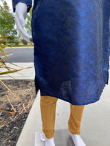 Blue men's kurta pajama in soft silk (non-pure) with self-design with small zari weave buttis — Kaash Collection