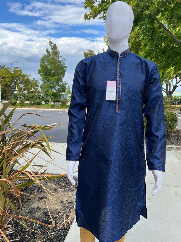 Blue Color Soft Silk Men Kurta Pajama for Men with Self Design material with small Zari Weave butti - Kaash