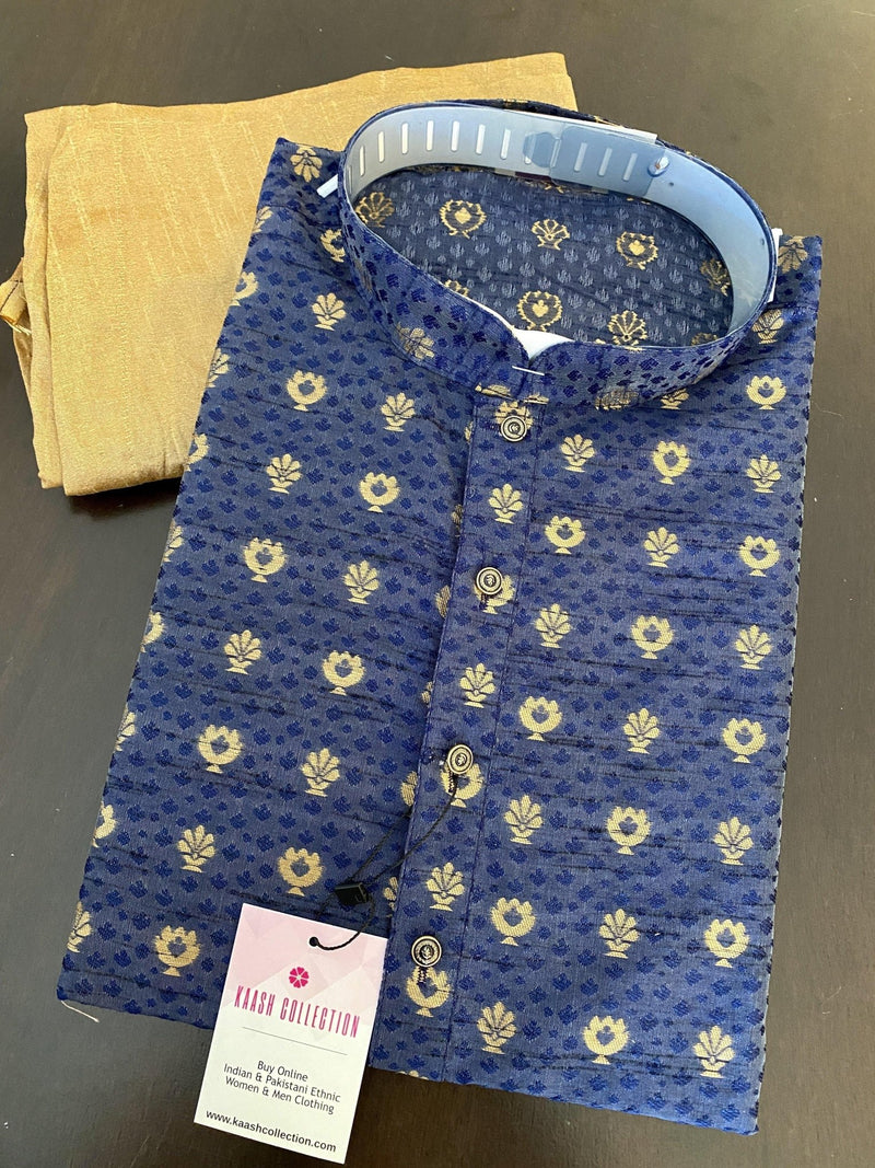 Blue men's kurta pajama in cotton silk with printed design pattern — Kaash Collection